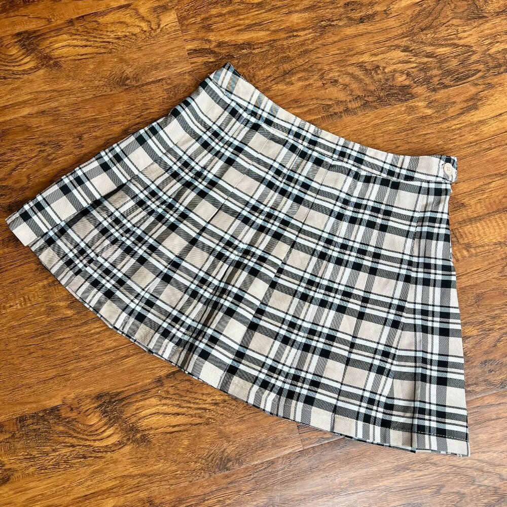 Black and Brown Plaid Pleated Mini Skirt